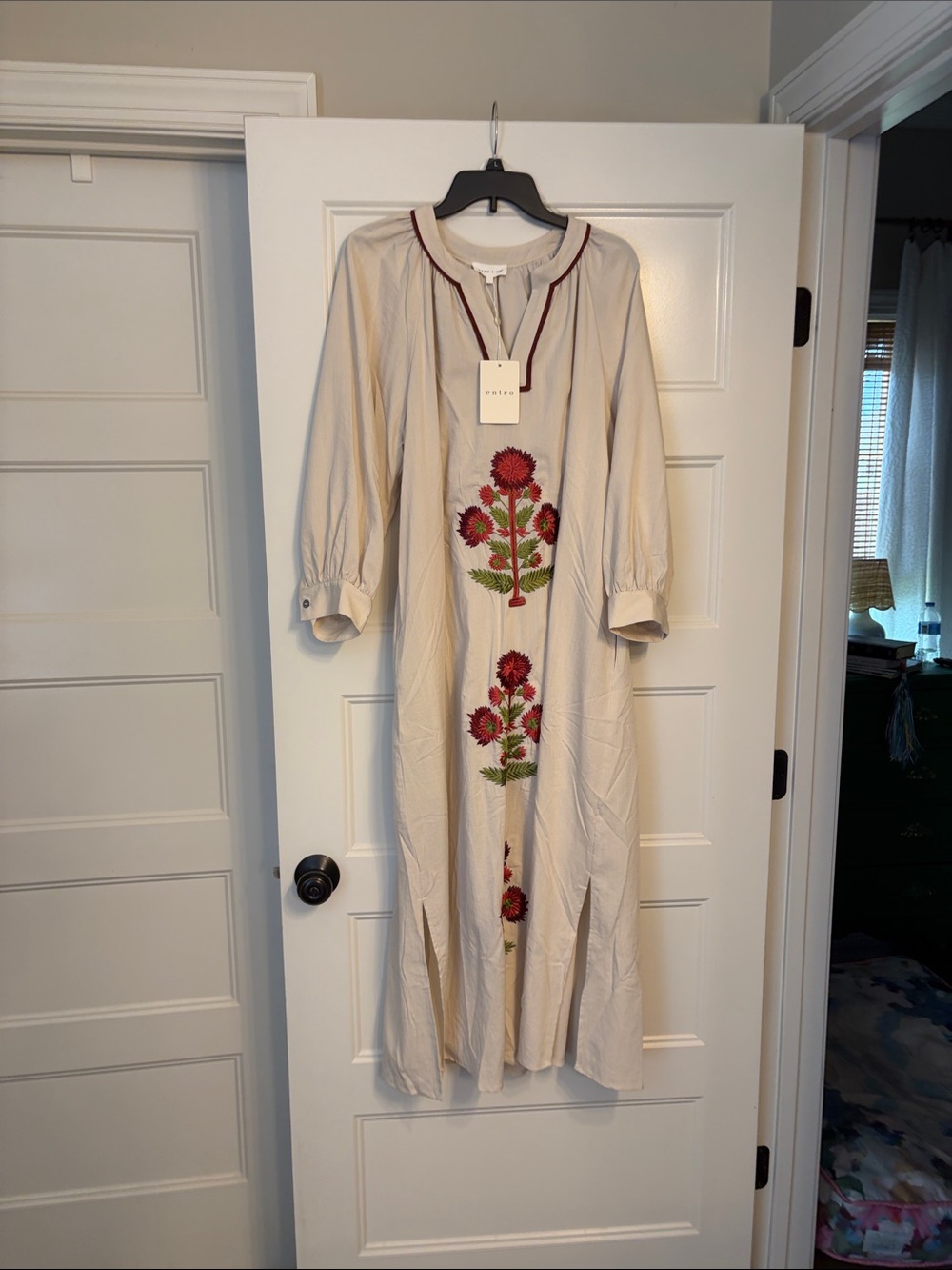 entro Cream Maxi Dress with Red Floral Embroidery - Picture 1 of 5